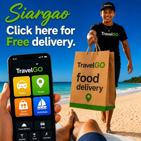 TravelGo food delivery driver with paper bag on Siargao beach